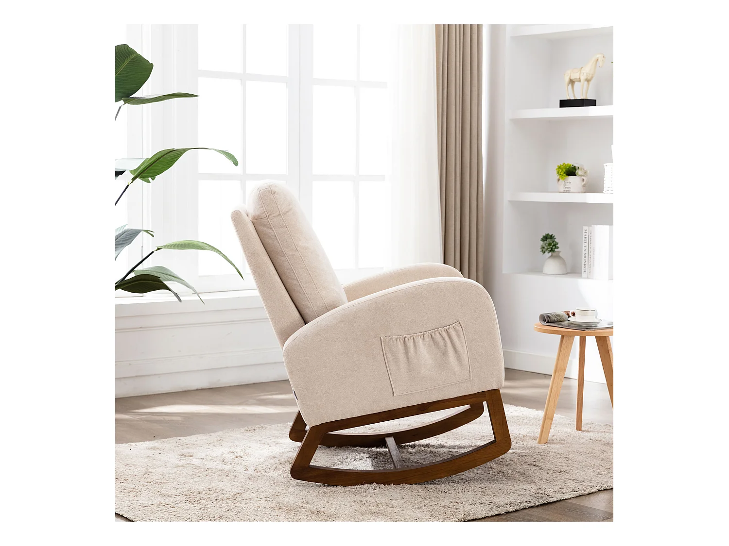 Fauteuil à bascule moderne, Design Mid-Century, Accoudoirs longs, Tissu en lin, Beige (100x69x94 cm)