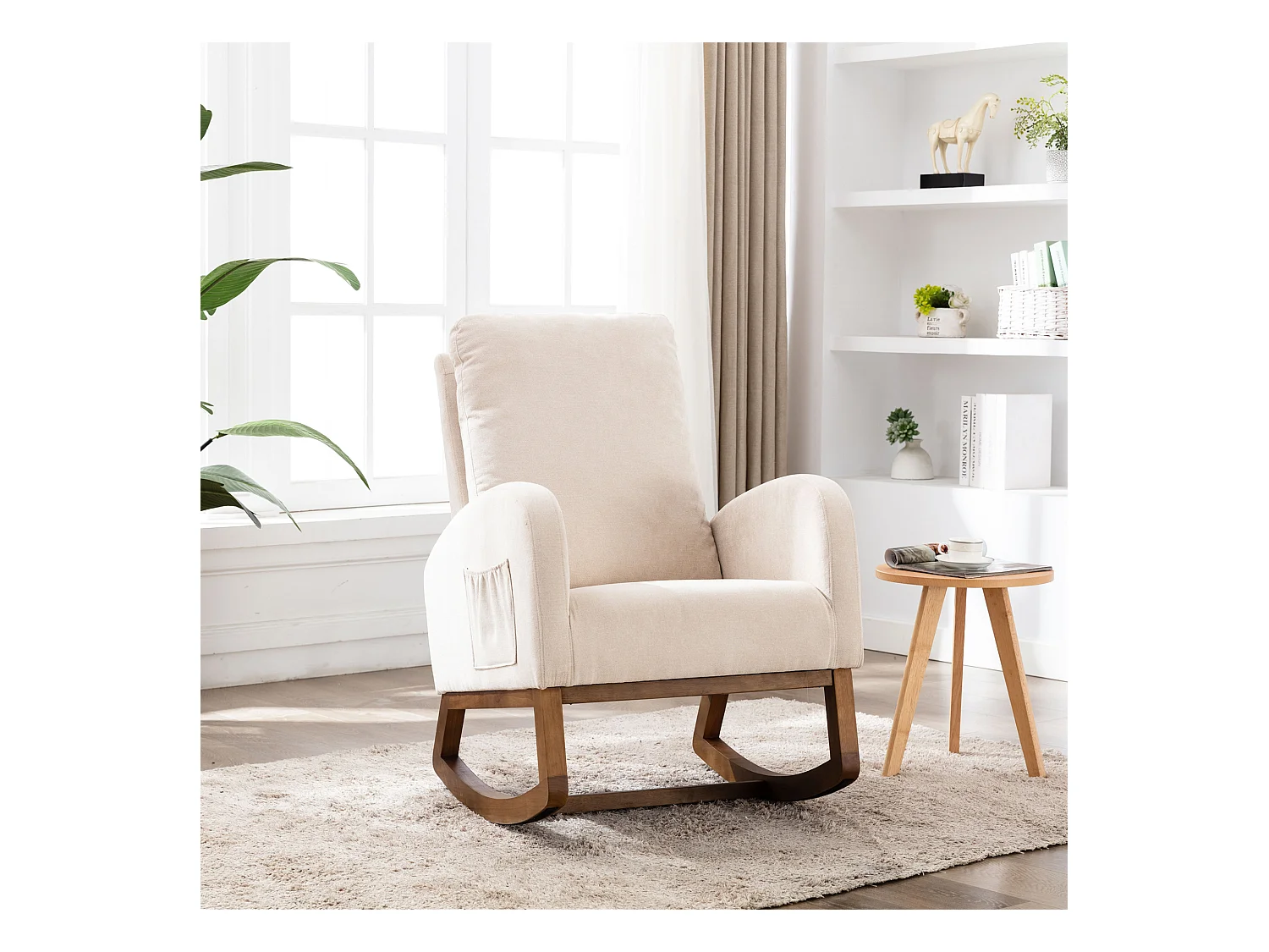 Moderne schommelstoel, mid-century design, lange armleuningen, linnen stof, beige (100x69x94 cm)