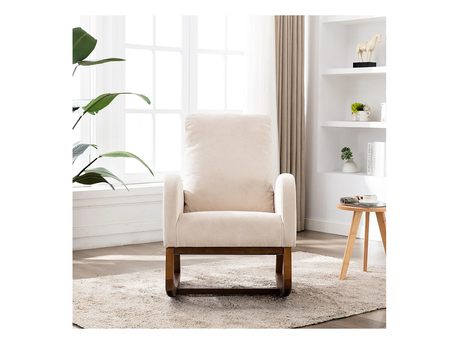 Fauteuil à bascule moderne, Design Mid-Century, Accoudoirs longs, Tissu en lin, Beige (100x69x94 cm)