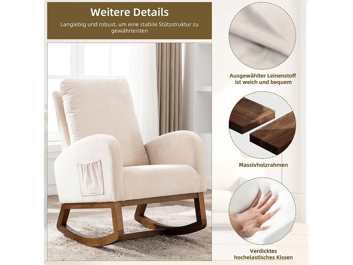 Fauteuil à bascule moderne, Design Mid-Century, Accoudoirs longs, Tissu en lin, Beige (100x69x94 cm)