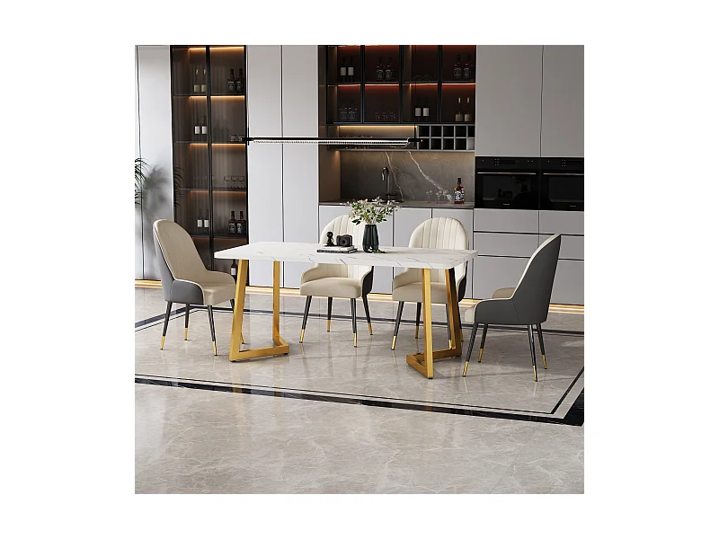 Mesa rectangular de 117x68 cm con 4 sillas, MDF, patas de metal dorado, diseño moderno con efecto mármol (117x68x75 cm)