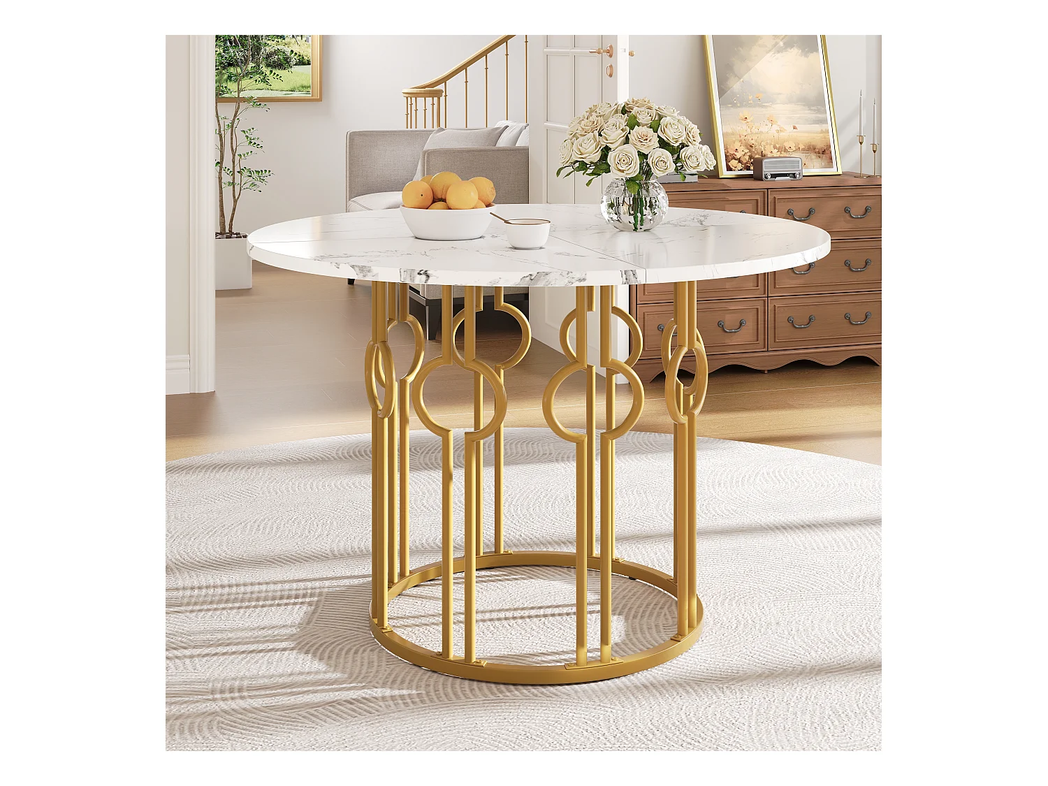Mesa redonda con patas de metal dorado, MDF efecto mármol, 100 cm de diámetro, ideal para comedor y salón (100 x 100 x 76 cm)