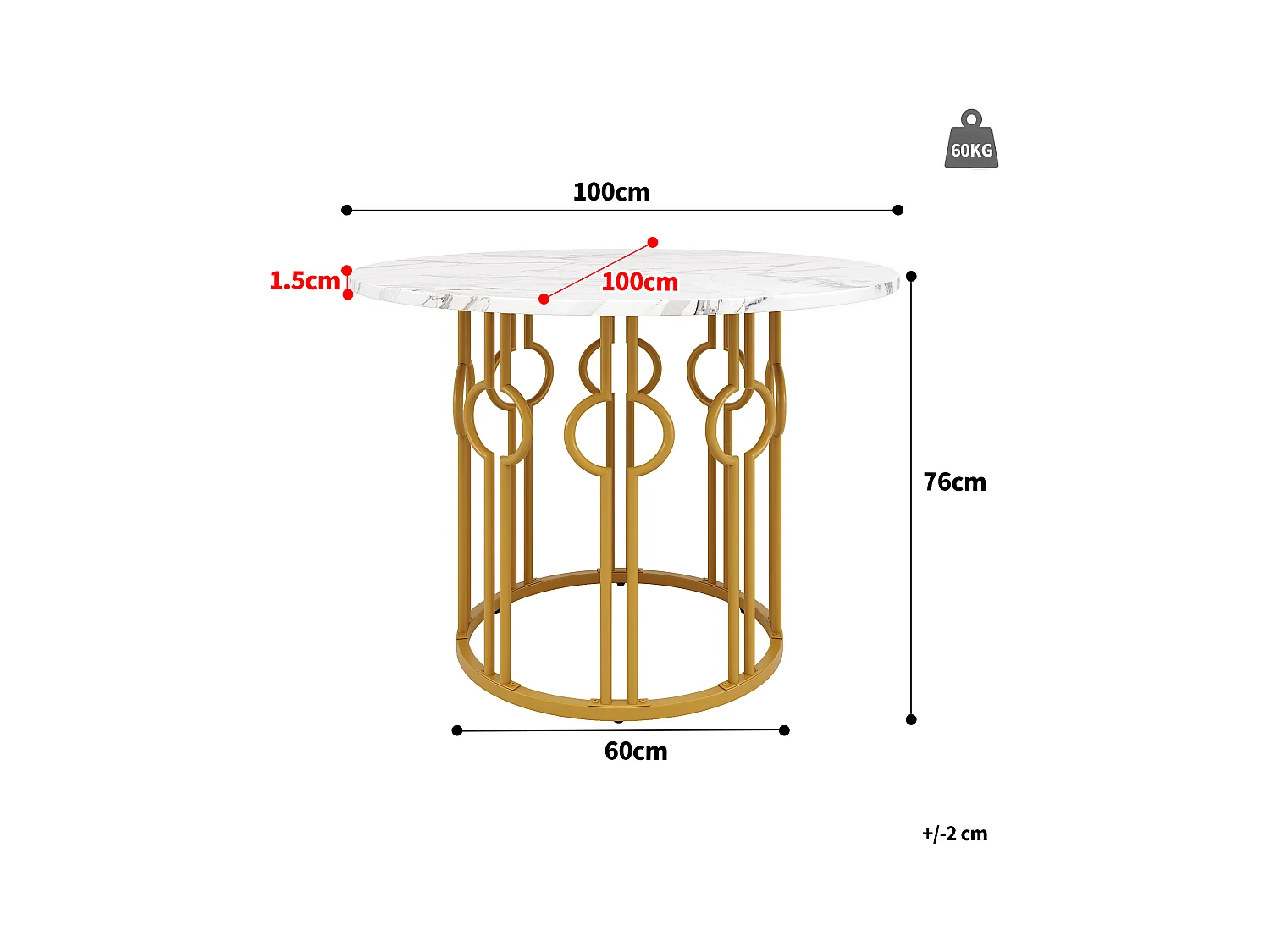 Mesa redonda con patas de metal dorado, MDF efecto mármol, 100 cm de diámetro, ideal para comedor y salón (100 x 100 x 76 cm)