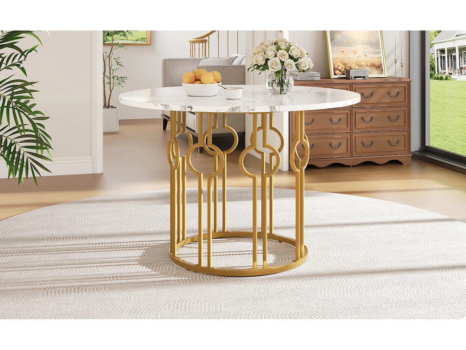 Table Ronde avec Pieds Métalliques Dorés, MDF Effet Marbre, 100 cm de Diamètre, Idéale pour Salle à Manger et Salon (100x100x76 cm)