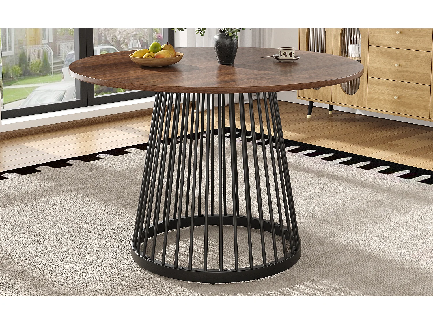 Ronde tafel, gemarmerd MDF, zwarte metalen poten, modern design, 80 cm (80x80x76 cm)