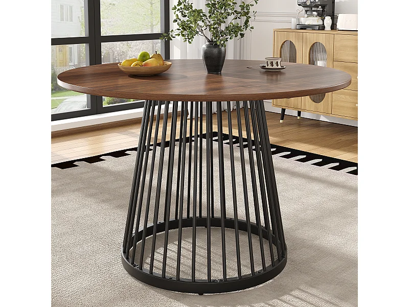 Ronde tafel, gemarmerd MDF, zwarte metalen poten, modern design, 80 cm (80x80x76 cm)