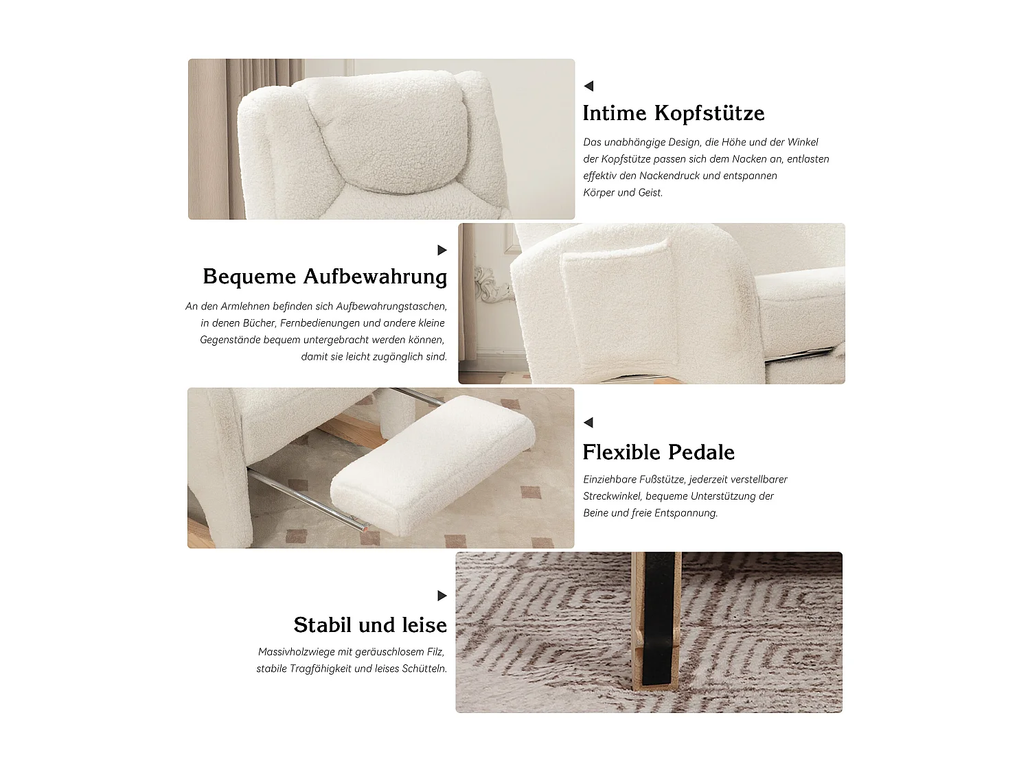 Fauteuil à bascule, Relax fauteuil, avec accoudoirs, en Tissu peluche blanc, 110 kg de capacité (66x125x101 cm)