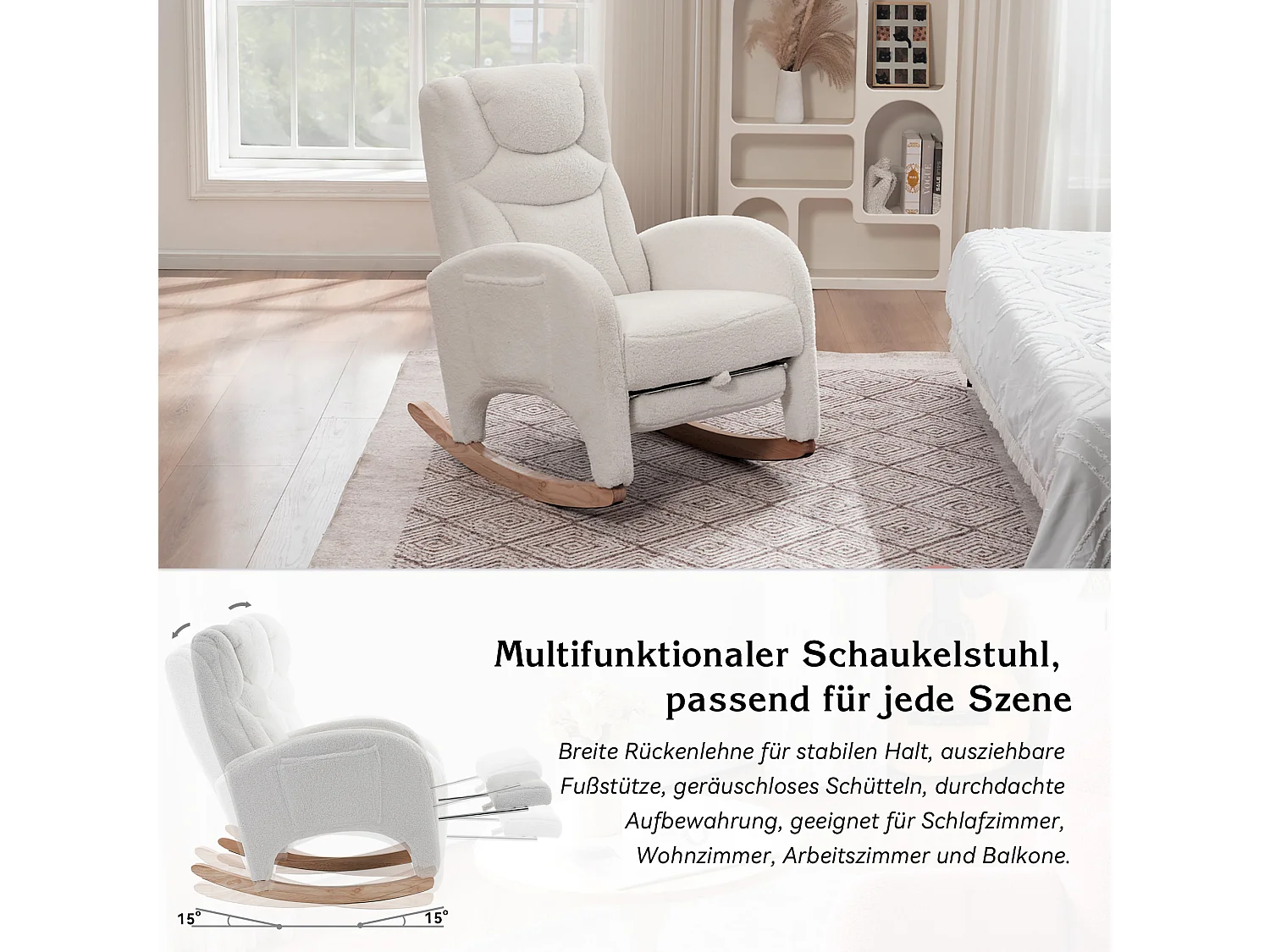 Fauteuil à bascule, Relax fauteuil, avec accoudoirs, en Tissu peluche blanc, 110 kg de capacité (66x125x101 cm)