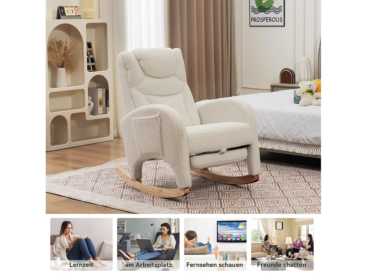 Fauteuil à bascule, Relax fauteuil, avec accoudoirs, en Tissu peluche blanc, 110 kg de capacité (66x125x101 cm)