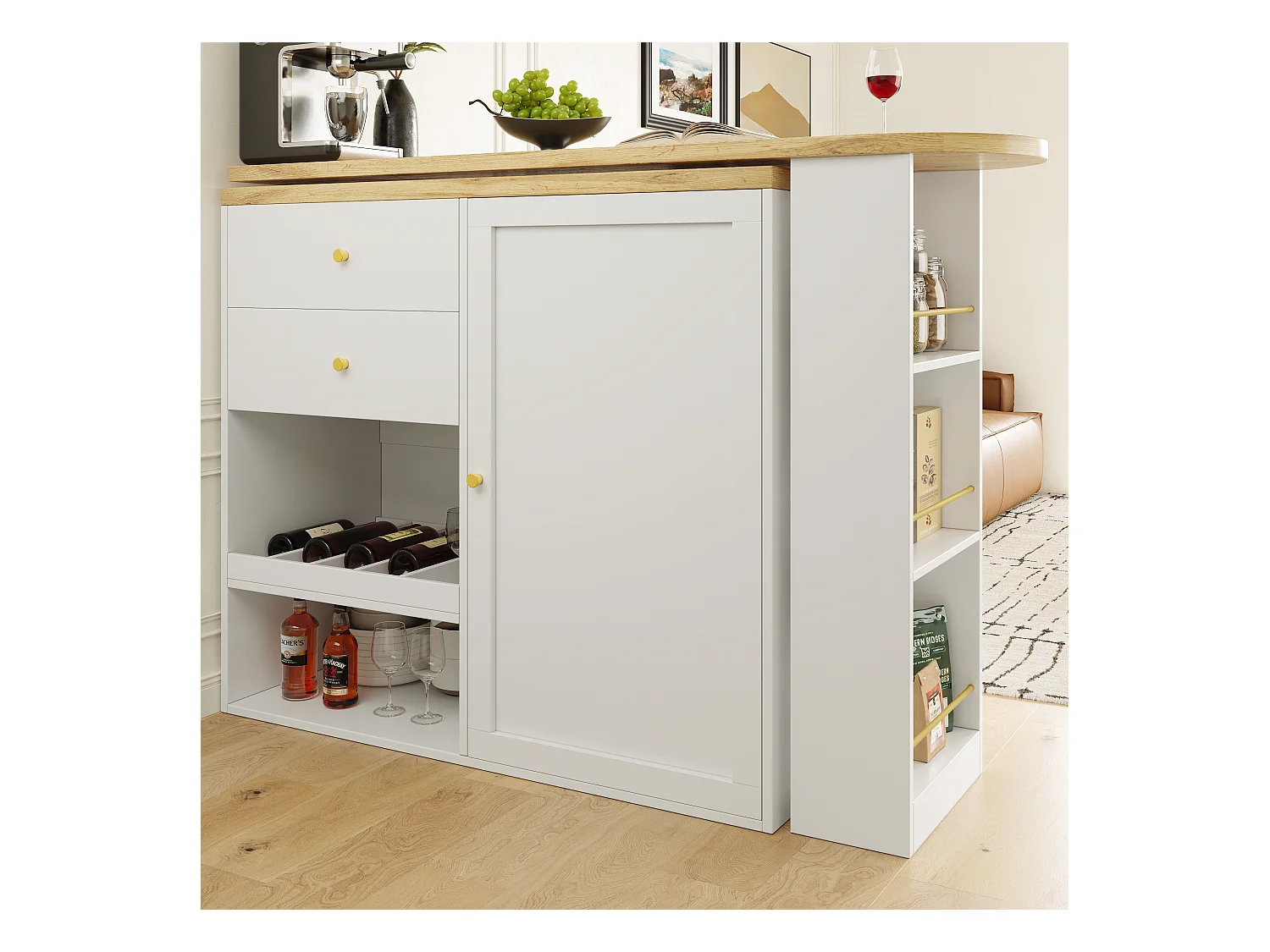 Table de bar rotative à 360°, avec 2 tiroirs, 3 étagères ouvertes, MDF, Blanc et Noir (105x39x102 cm)