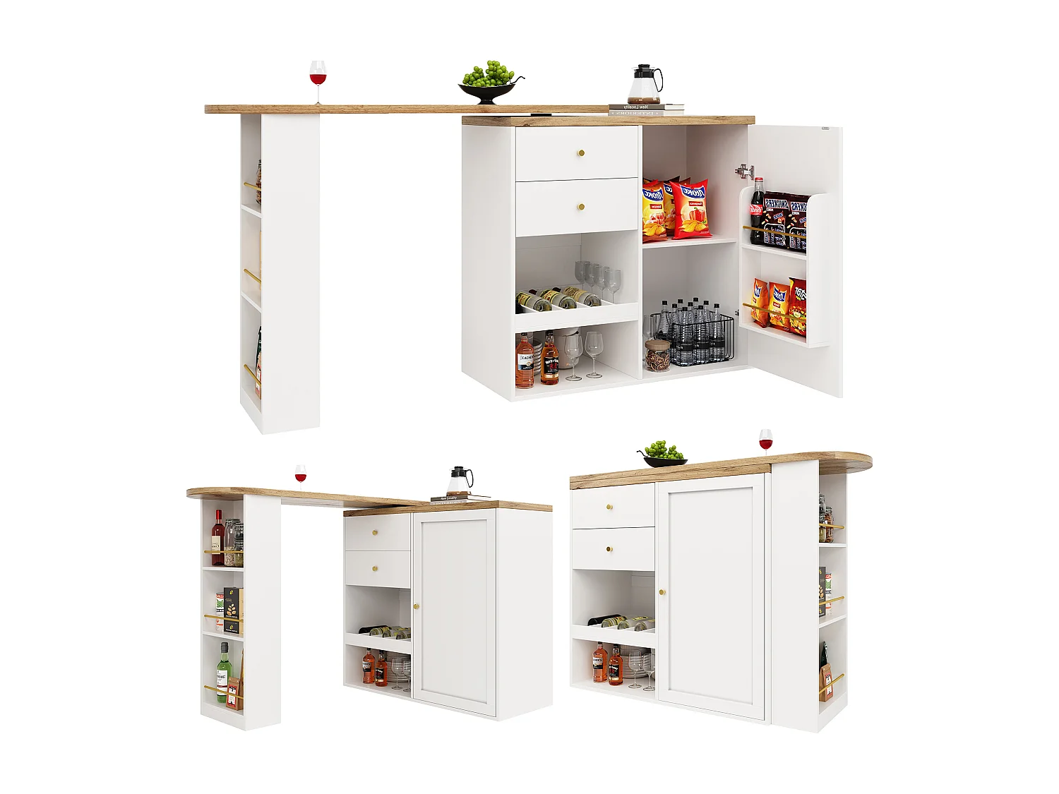 Table de bar rotative à 360°, avec 2 tiroirs, 3 étagères ouvertes, MDF, Blanc et Noir (105x39x102 cm)