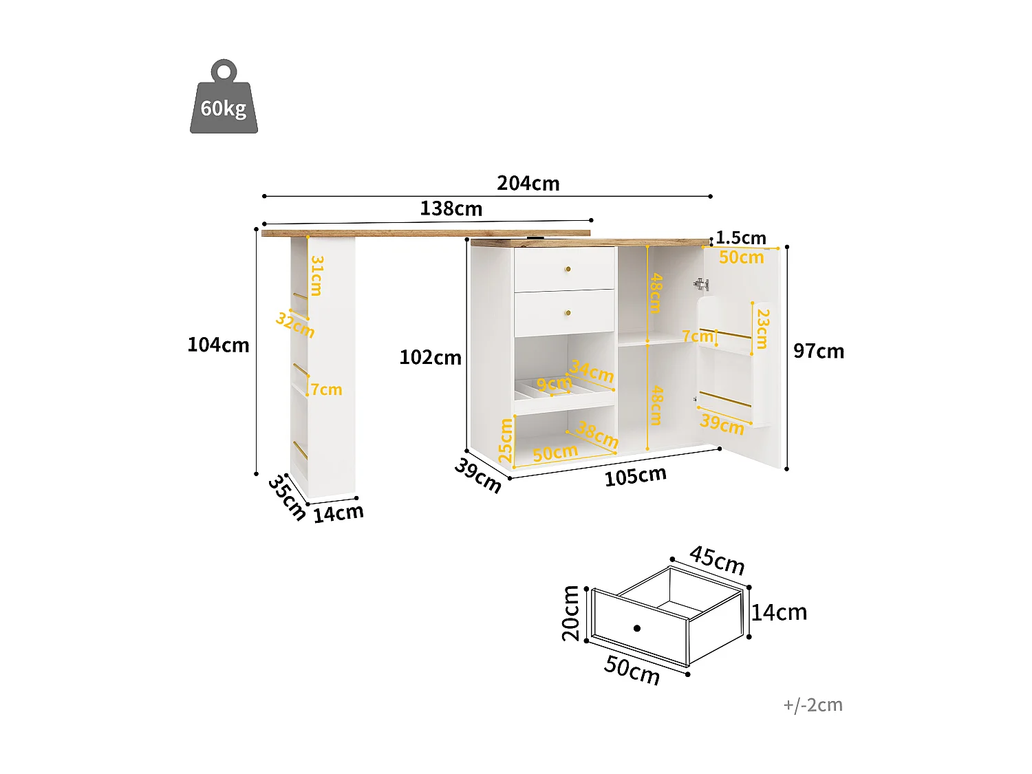 Table de bar rotative à 360°, avec 2 tiroirs, 3 étagères ouvertes, MDF, Blanc et Noir (105x39x102 cm)