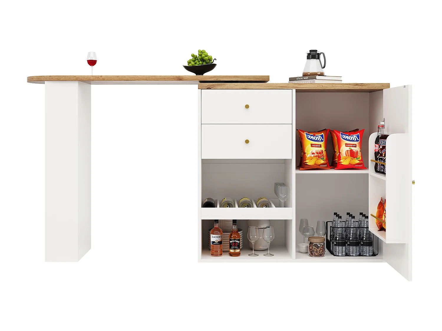 Table de bar rotative à 360°, avec 2 tiroirs, 3 étagères ouvertes, MDF, Blanc et Noir (105x39x102 cm)