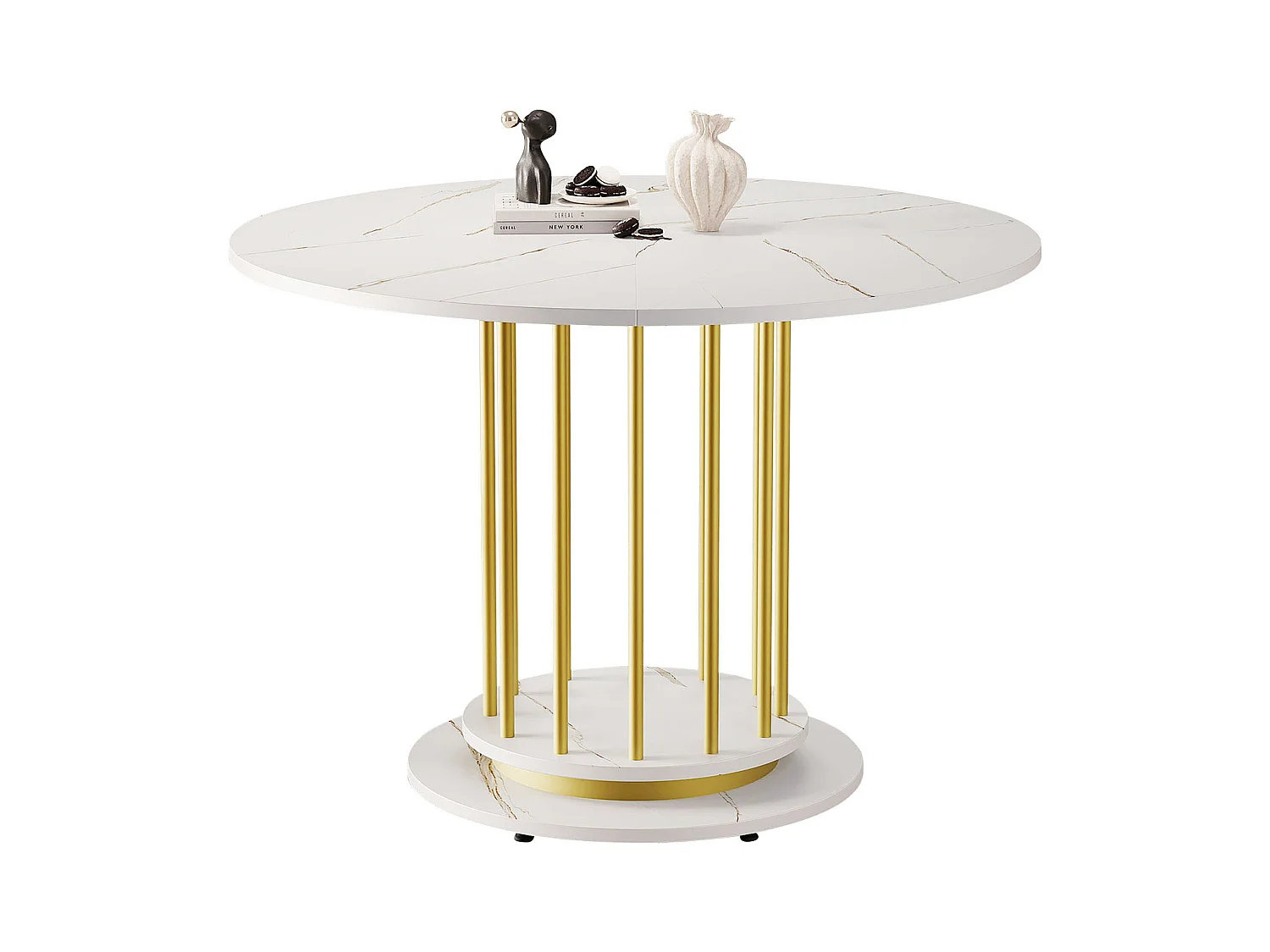 Mesa de comedor redonda efecto mármol, diseño moderno con patas de metal, ideal para 2-4 personas, color blanco y dorado (110x110x74,6 cm)