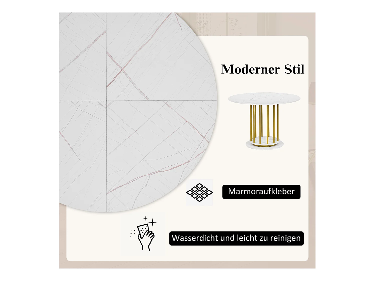 Mesa de comedor redonda efecto mármol, diseño moderno con patas de metal, ideal para 2-4 personas, color blanco y dorado (110x110x74,6 cm)