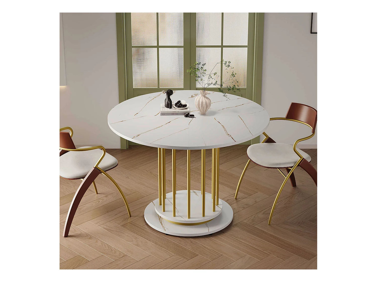 Table de salle à manger ronde effet marbre, design moderne avec pied métallique, idéal pour 2-4 personnes, blanc et or (110x110x74.6 cm)