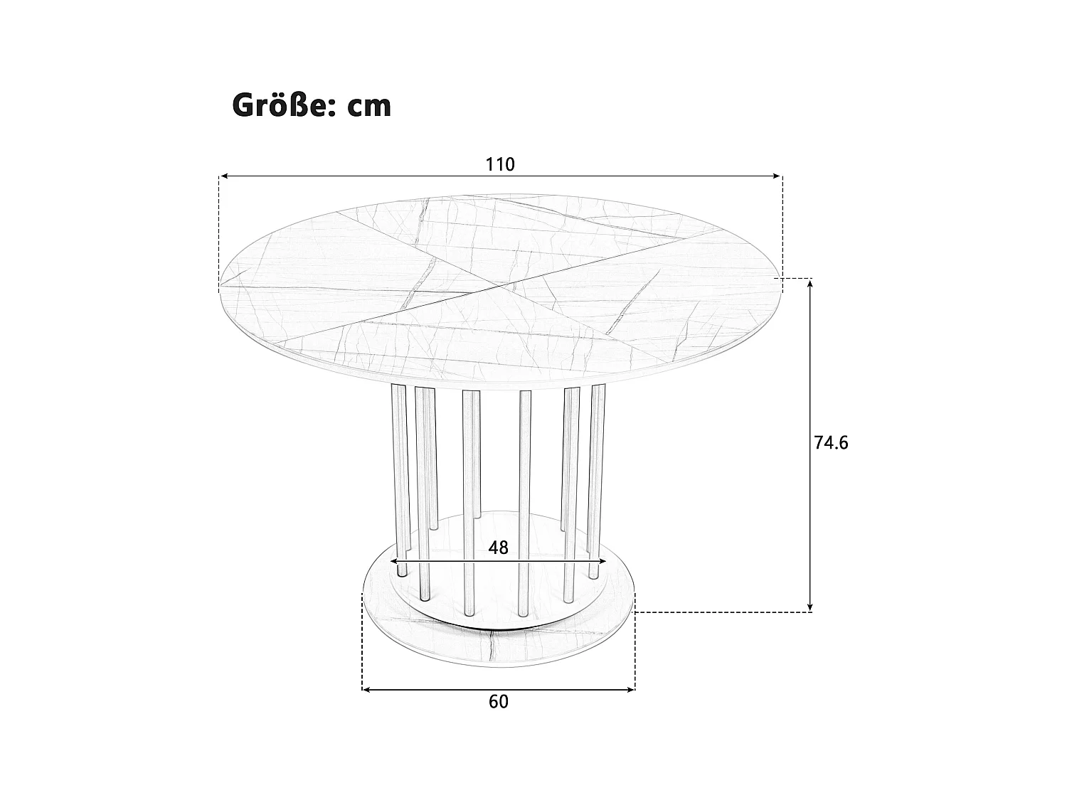 Table de salle à manger ronde effet marbre, design moderne avec pied métallique, idéal pour 2-4 personnes, blanc et or (110x110x74.6 cm)