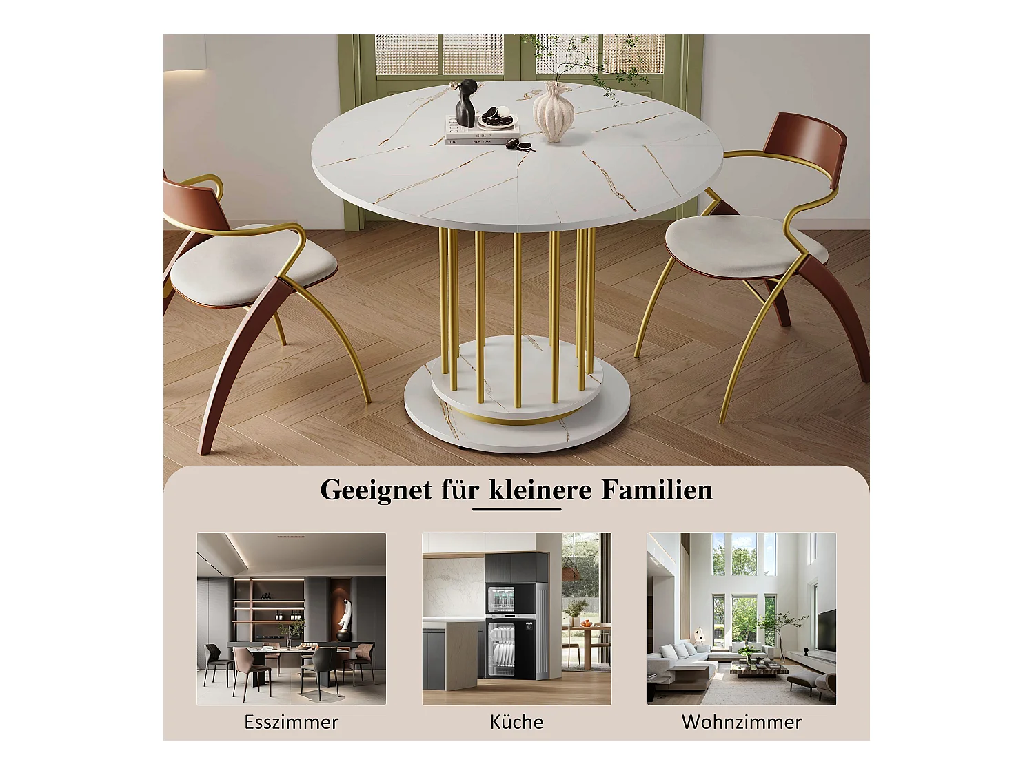 Table de salle à manger ronde effet marbre, design moderne avec pied métallique, idéal pour 2-4 personnes, blanc et or (110x110x74.6 cm)