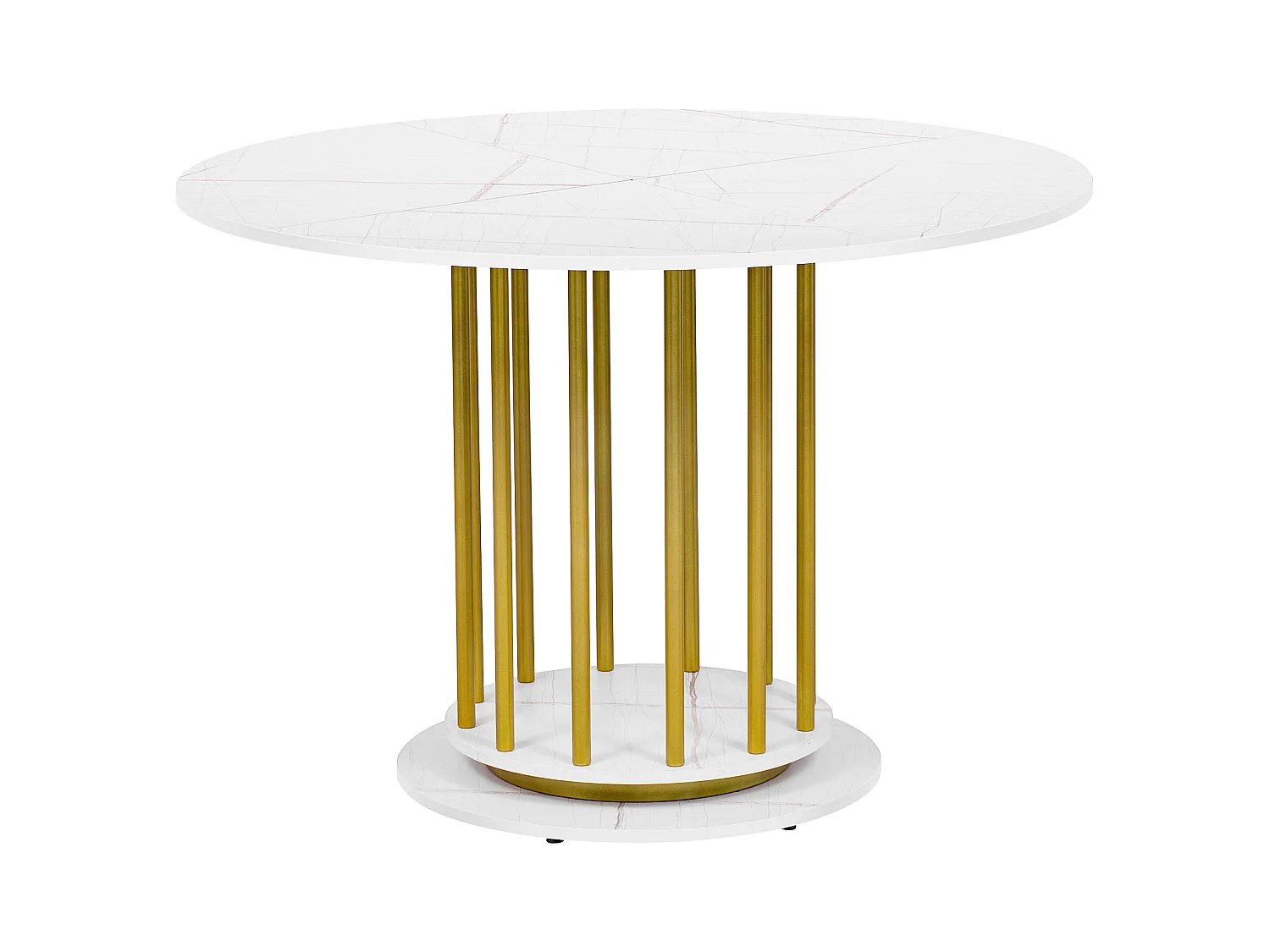 Table de salle à manger ronde effet marbre, design moderne avec pied métallique, idéal pour 2-4 personnes, blanc et or (110x110x74.6 cm)