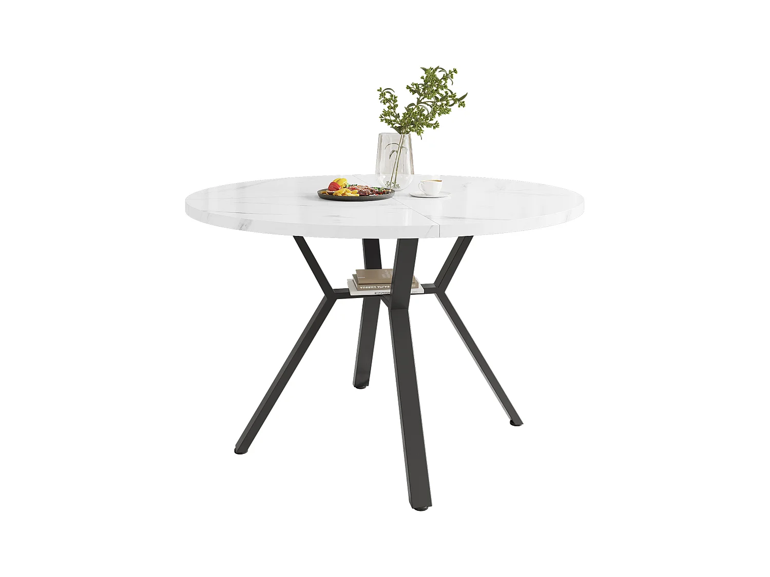 Table Ronde Moderne en Marbre (1 m) + Pieds Métalliques Noirs en X, Design Élégant, Stable et Durable (100x100x75 cm)