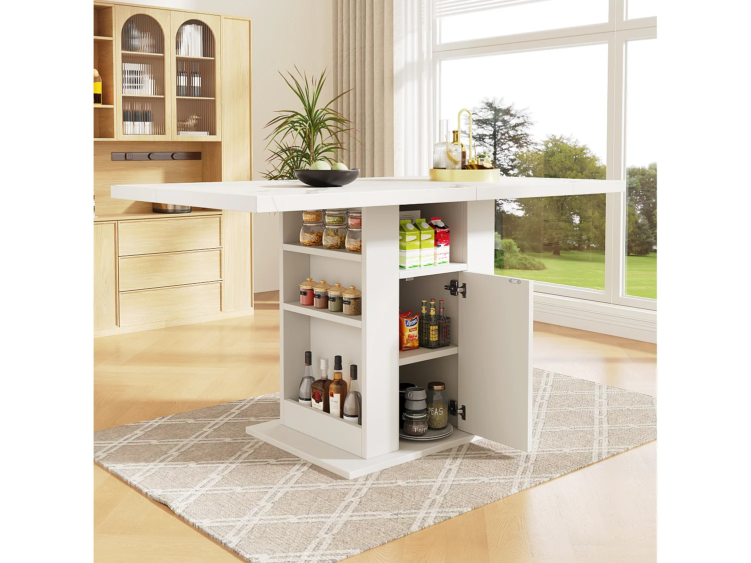 Table de salle à manger avec rangement, design moderne, MDF, blanc, avec plateau en marbre (140x75x75 cm)