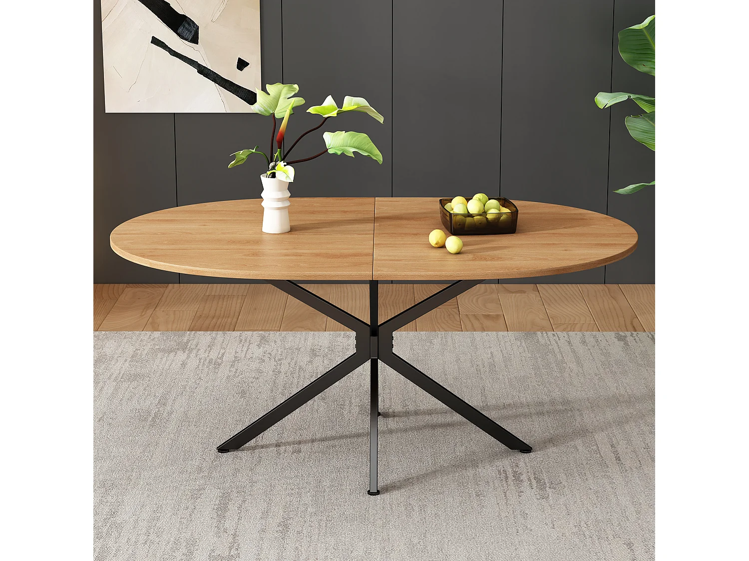 Table à manger moderne, design épuré, MDF, couleur naturelle, avec pieds métalliques, ovale, pour 4-6 personnes (L120 x P80 x H75.5 cm)