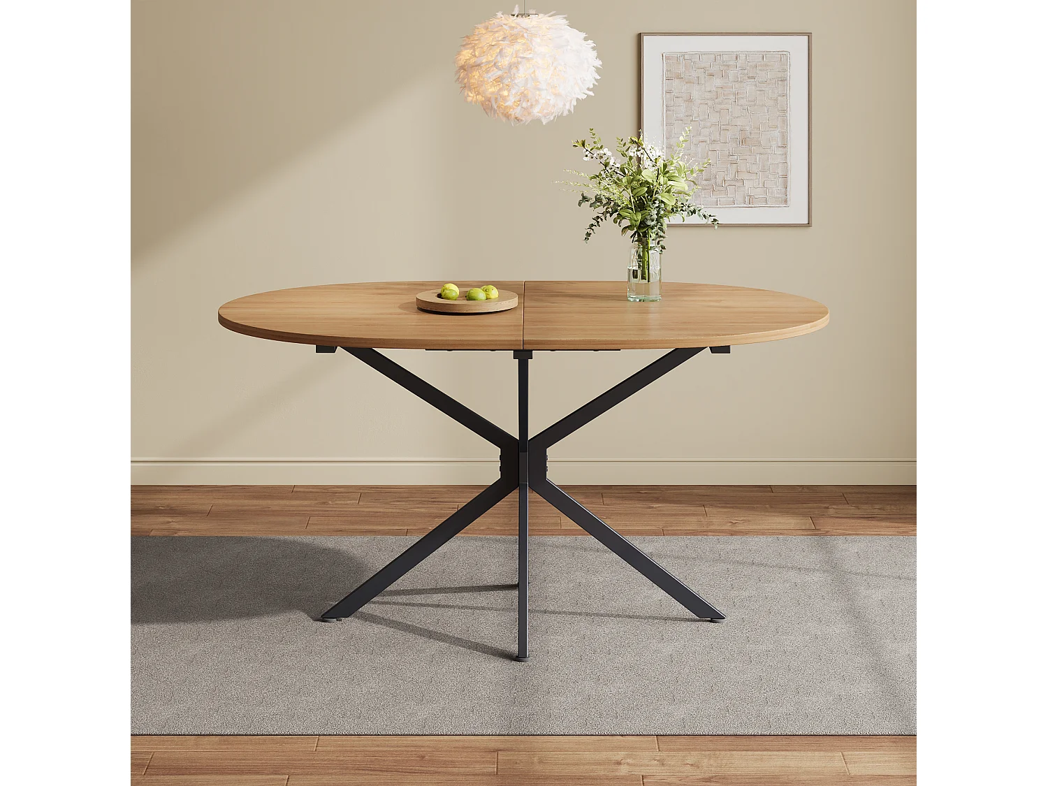 Table à manger moderne, design épuré, MDF, couleur naturelle, avec pieds métalliques, ovale, pour 4-6 personnes (L120 x P80 x H75.5 cm)