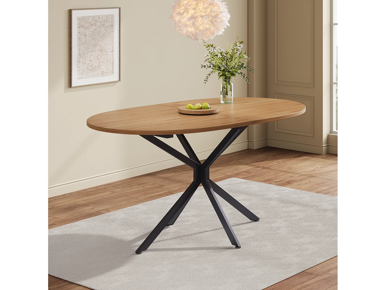 Table à manger moderne, design épuré, MDF, couleur naturelle, avec pieds métalliques, ovale, pour 4-6 personnes (L120 x P80 x H75.5 cm)