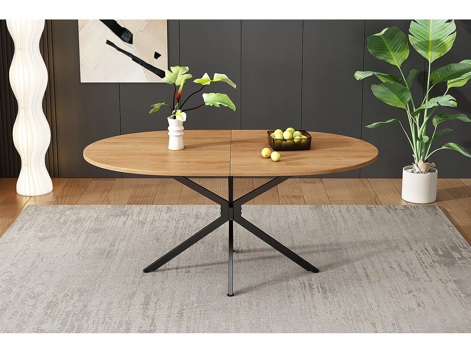 Table à manger moderne, design épuré, MDF, couleur naturelle, avec pieds métalliques, ovale, pour 4-6 personnes (L120 x P80 x H75.5 cm)