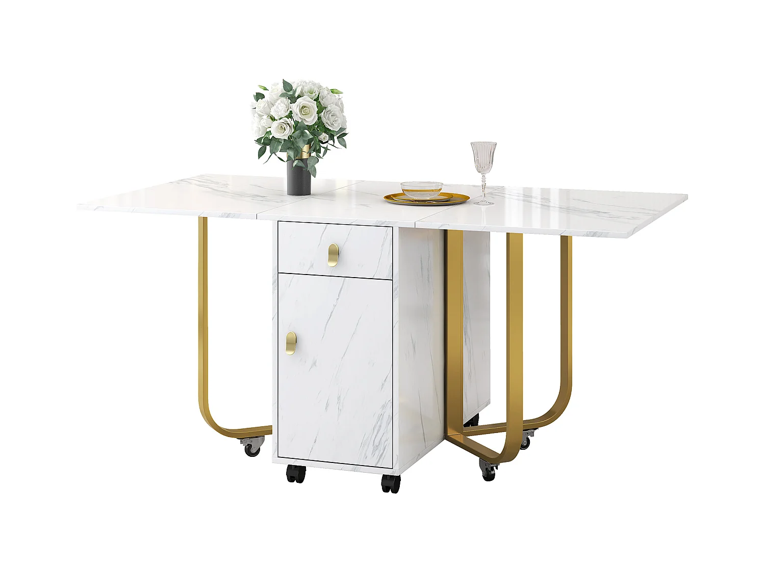 Table à manger pliante avec rangement, 2 tiroirs, pieds métalliques, MDF blanc et noir (150x80x76 cm)