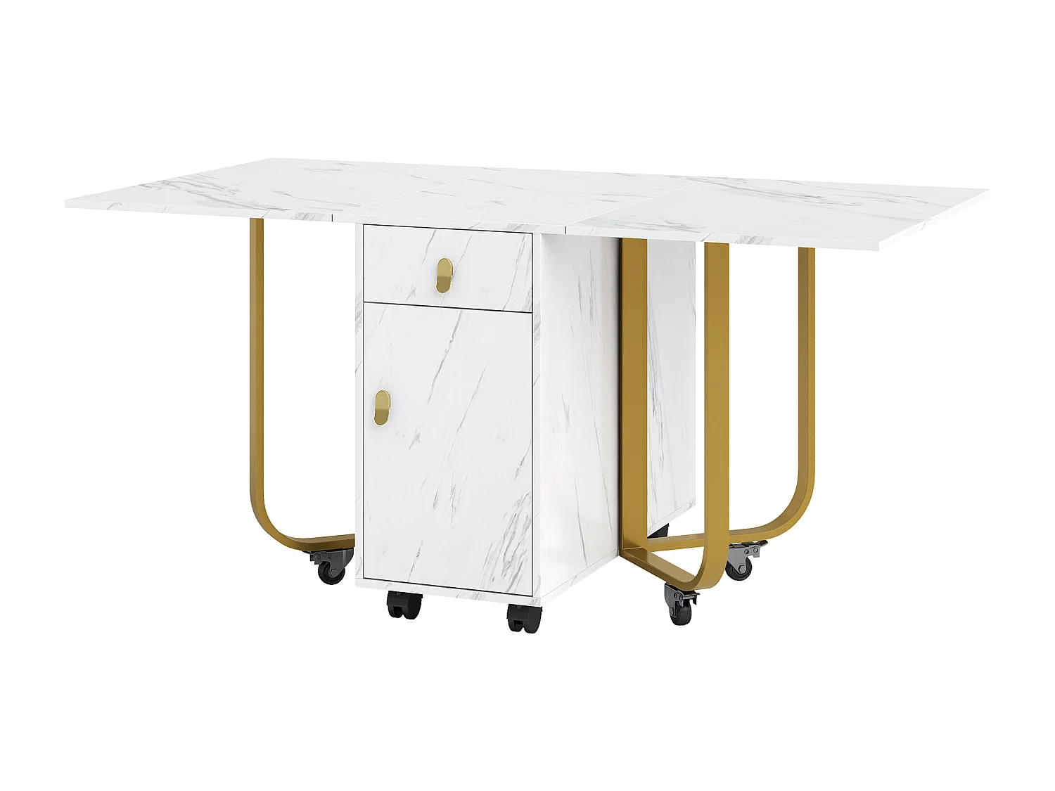 Table à manger pliante avec rangement, 2 tiroirs, pieds métalliques, MDF blanc et noir (150x80x76 cm)