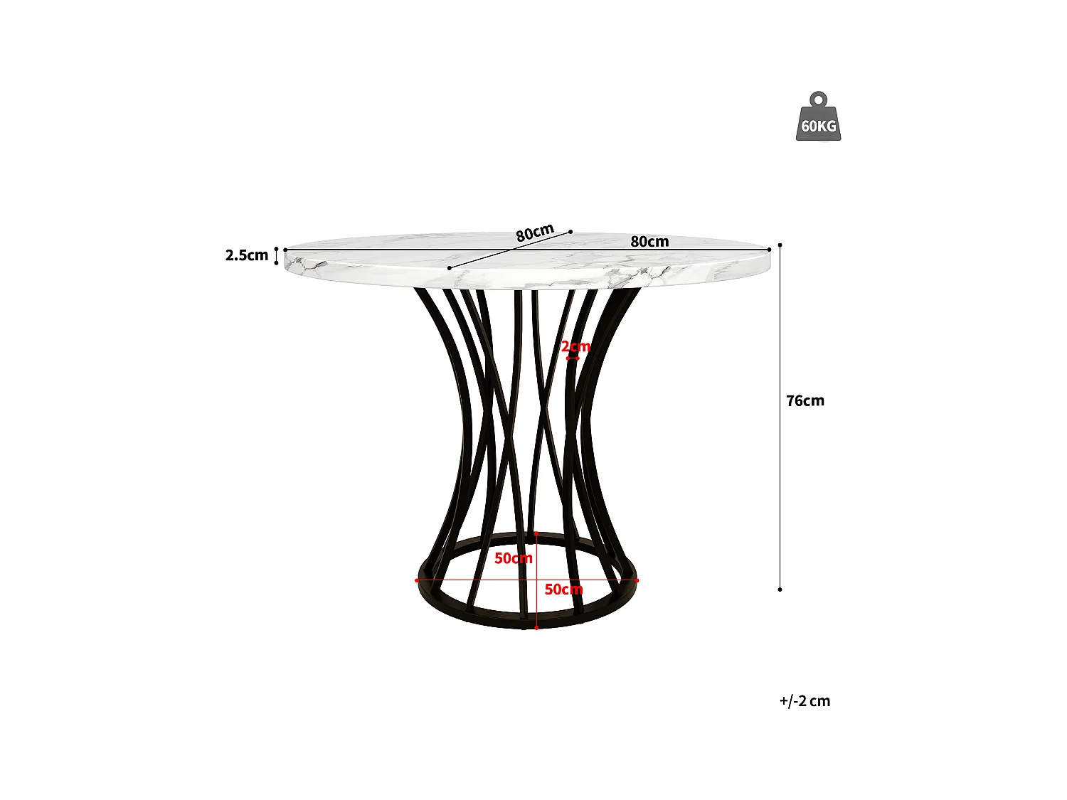 Ronde eettafel, MDF, metaal, modern design, met zwarte poten, marmerlook blad, (80 x 80 x 76 cm)