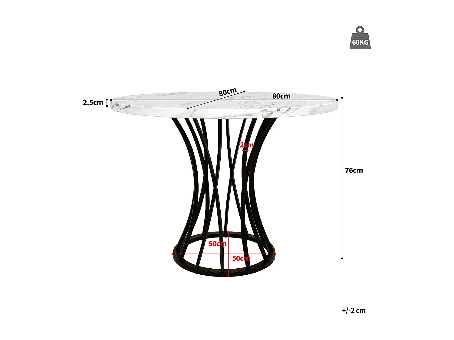 Tavolo da pranzo rotondo, MDF, metallo, design moderno, con gambe nere, piano effetto marmo, (80 x 80 x 76 cm)