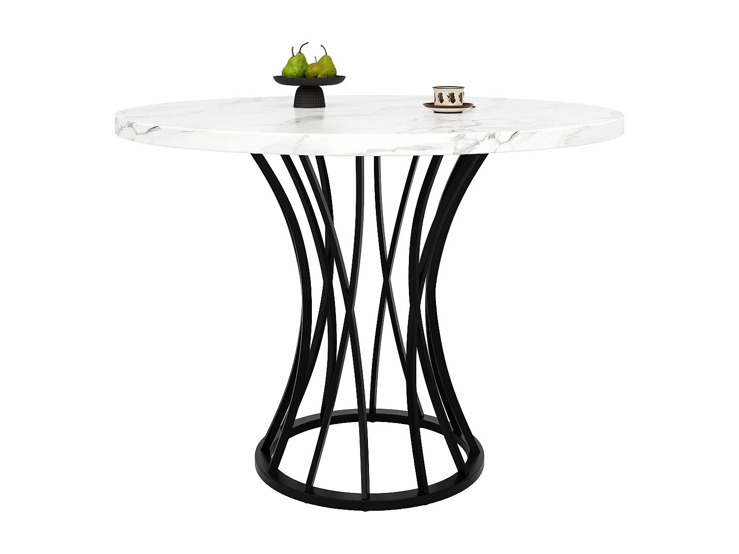 Tavolo da pranzo rotondo, MDF, metallo, design moderno, con gambe nere, piano effetto marmo, (80 x 80 x 76 cm)