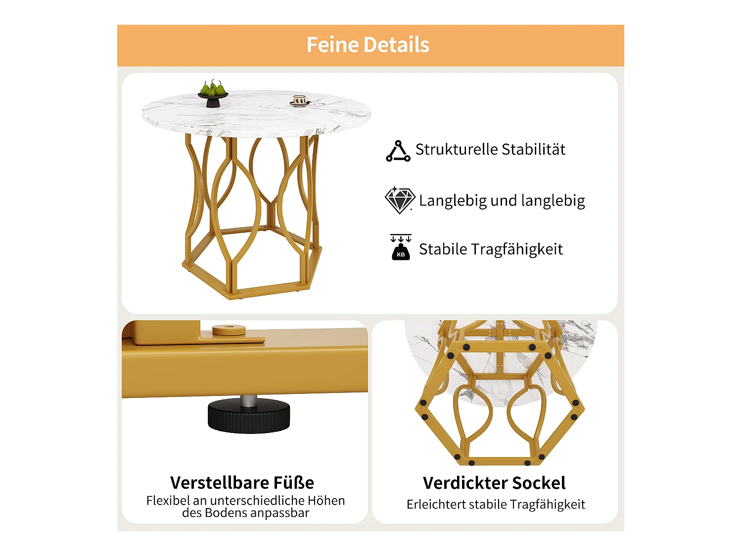 Table Ronde à Manger avec Pieds Métalliques Dorés, MDF Effet Marbre, 100 cm de Diamètre, Pour 4 Personnes (100x100x76 cm)