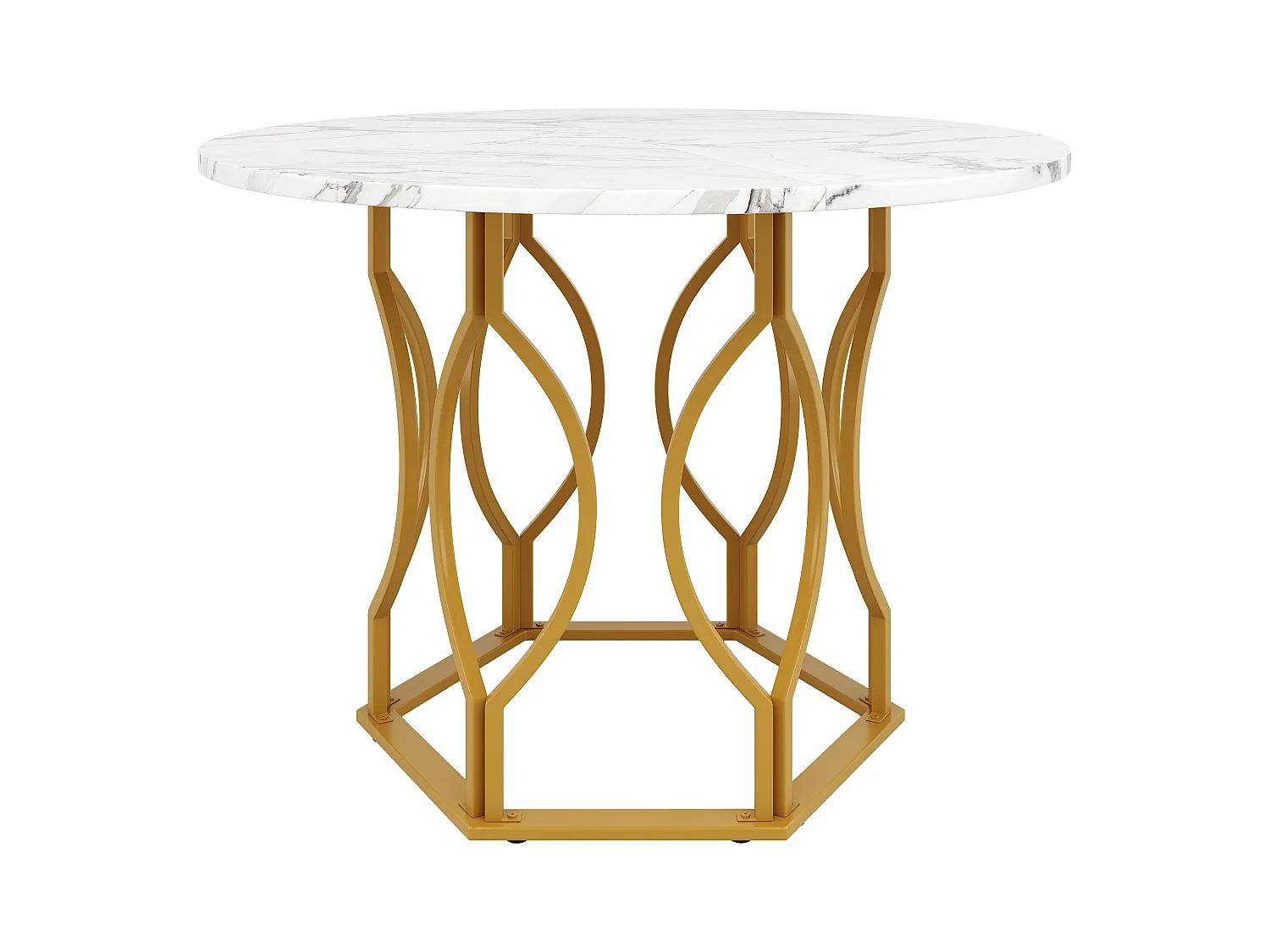 Table Ronde à Manger avec Pieds Métalliques Dorés, MDF Effet Marbre, 100 cm de Diamètre, Pour 4 Personnes (100x100x76 cm)