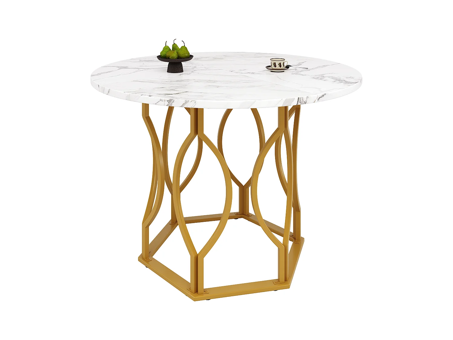 Table Ronde à Manger avec Pieds Métalliques Dorés, MDF Effet Marbre, 100 cm de Diamètre, Pour 4 Personnes (100x100x76 cm)