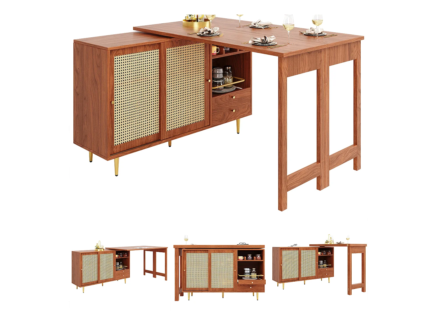 Table de bar rotative à 360°, Design extensible, MDF + Métal, Noir et Naturel, (140×80×76 cm)