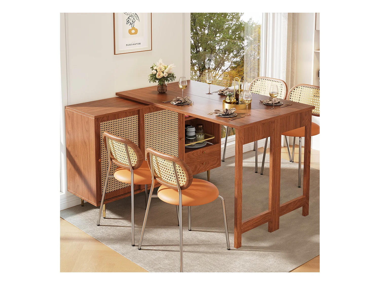 Table de bar rotative à 360°, Design extensible, MDF + Métal, Noir et Naturel, (140×80×76 cm)