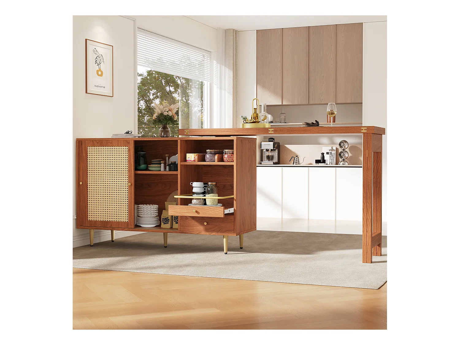 Table de bar rotative à 360°, Design extensible, MDF + Métal, Noir et Naturel, (140×80×76 cm)