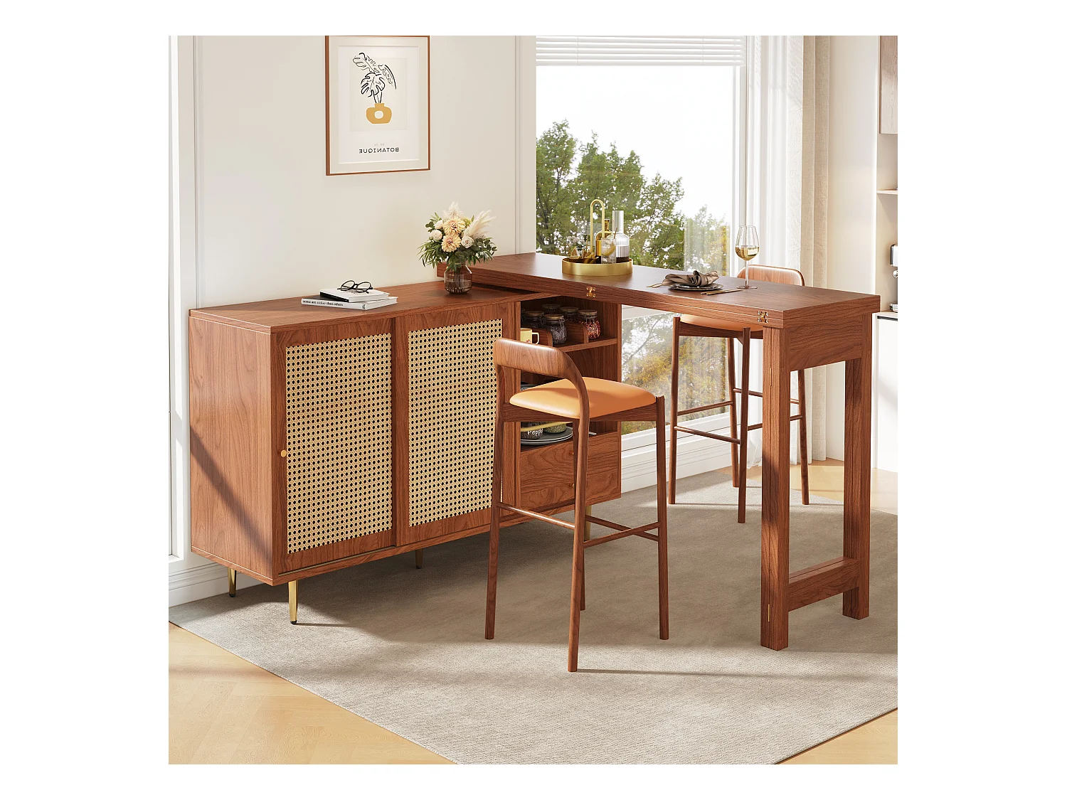 Table de bar rotative à 360°, Design extensible, MDF + Métal, Noir et Naturel, (140×80×76 cm)