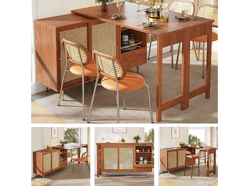 Table de bar rotative à 360°, Design extensible, MDF + Métal, Noir et Naturel, (140×80×76 cm)