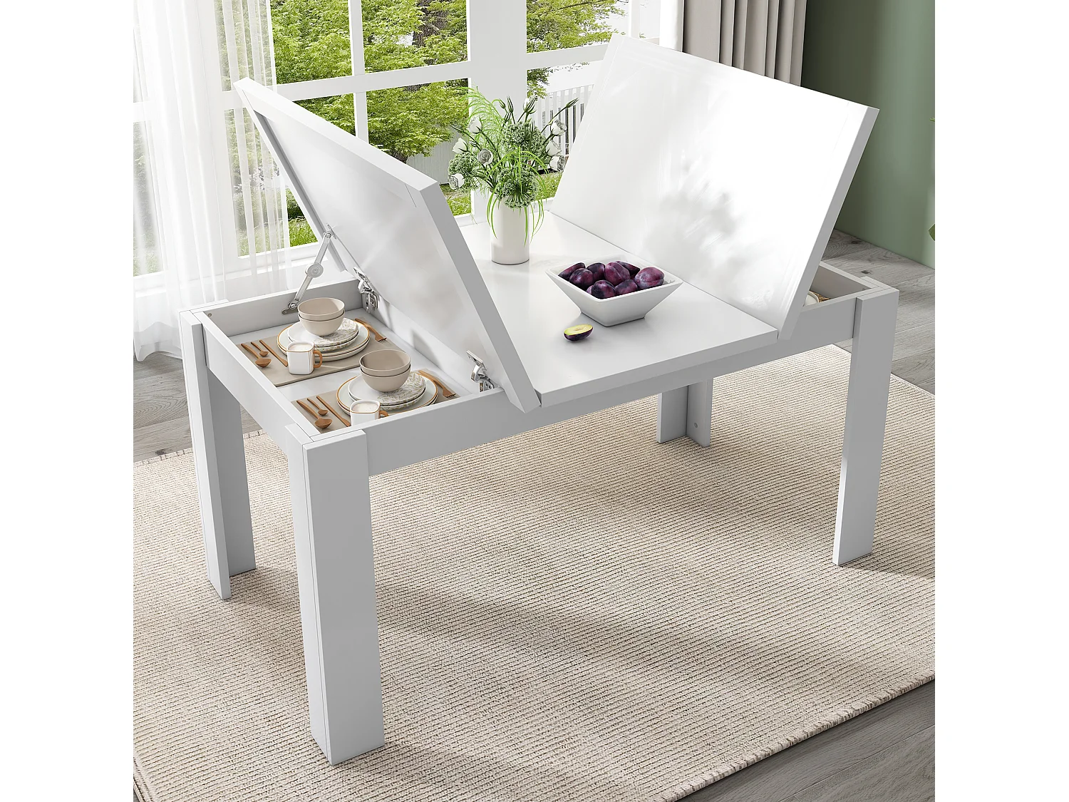 Eettafel 120\70 cm, met opbergruimte, modern design, MDF, wit (120,65x49,53x22,23 cm)