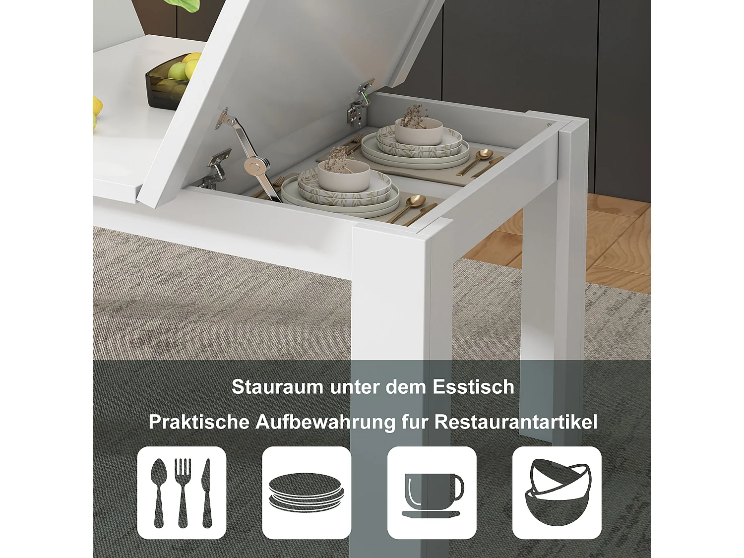 Eettafel 120\70 cm, met opbergruimte, modern design, MDF, wit (120,65x49,53x22,23 cm)