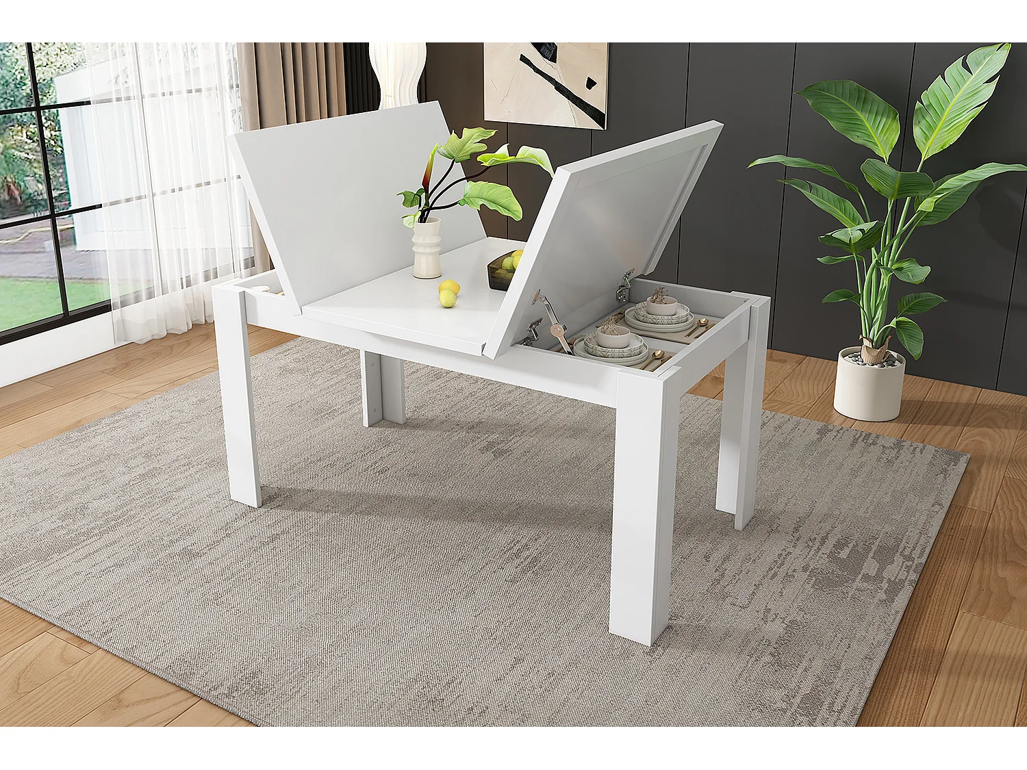 Eettafel 120\70 cm, met opbergruimte, modern design, MDF, wit (120,65x49,53x22,23 cm)