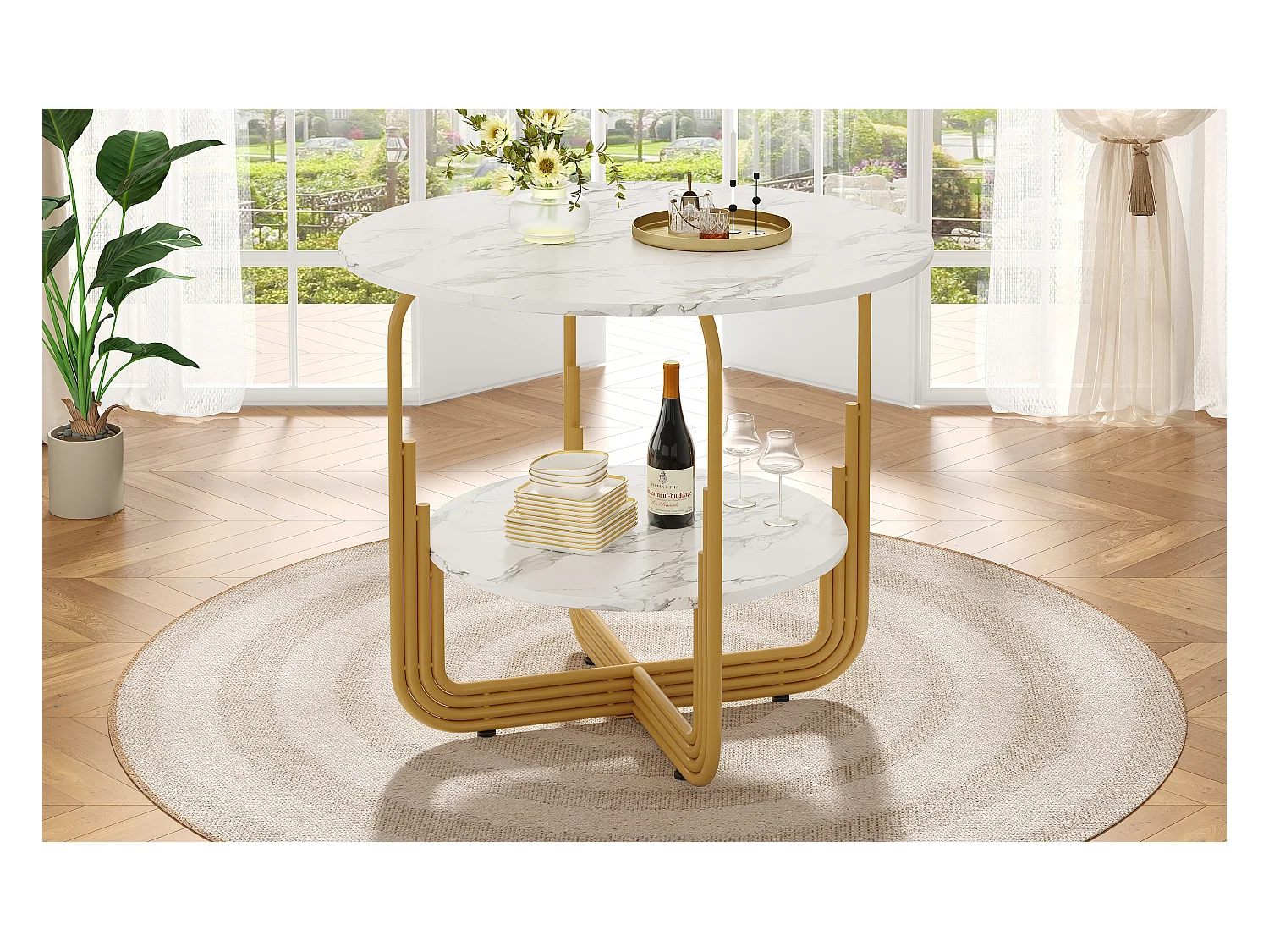 Mesa de comedor redonda de MDF con tablero efecto mármol y base de metal dorado para 4 personas (80 x 80 x 76 cm)