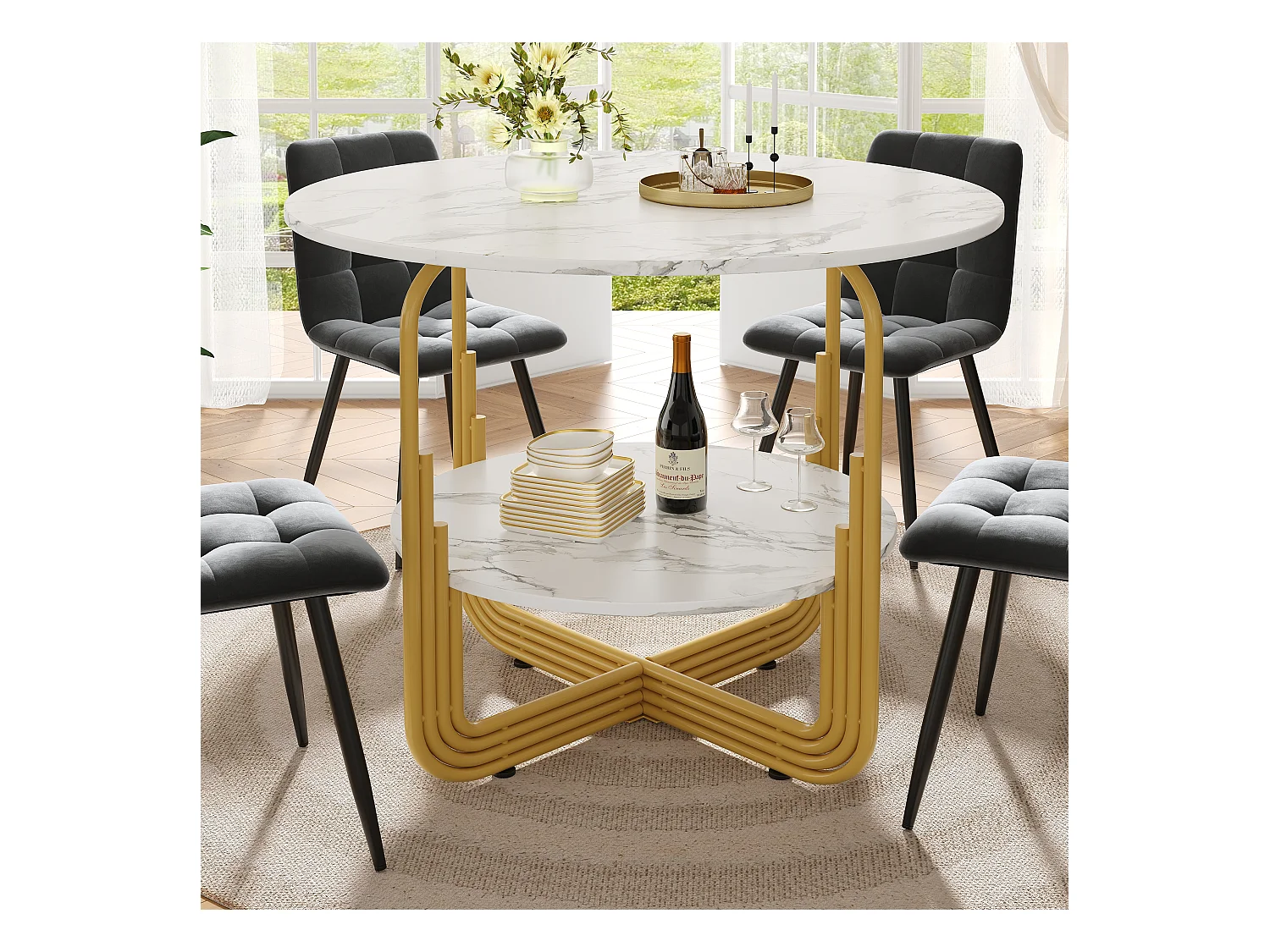Table à Manger Ronde, MDF avec Plateau Effet Marbre, Base Métallique Dorée, Pour 4 Personnes, Couleur Or (80x80x76 cm)
