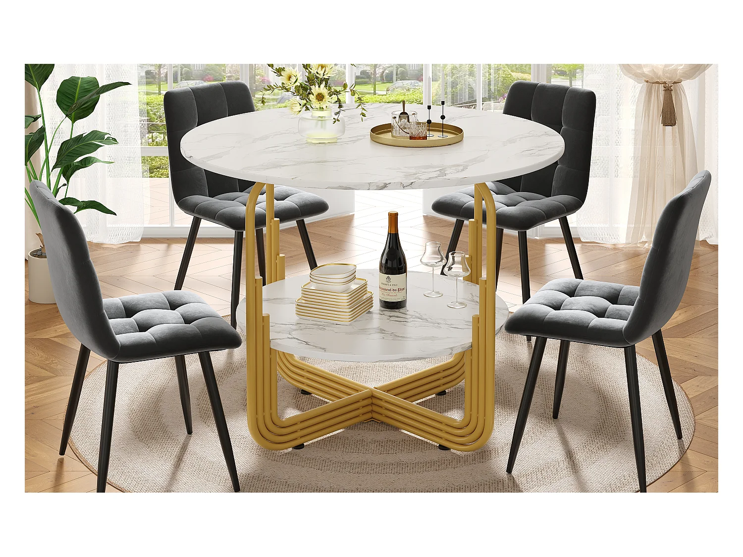 Table à Manger Ronde, MDF avec Plateau Effet Marbre, Base Métallique Dorée, Pour 4 Personnes, Couleur Or (80x80x76 cm)