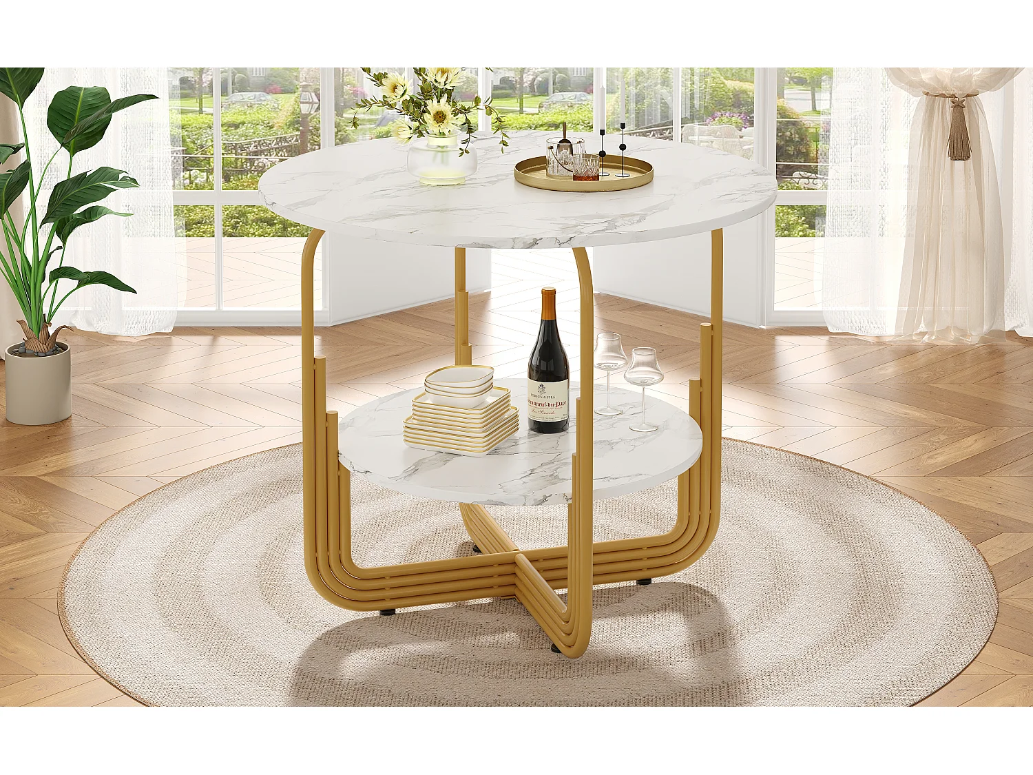 Table à Manger Ronde, MDF avec Plateau Effet Marbre, Base Métallique Dorée, Pour 4 Personnes, Couleur Or (80x80x76 cm)