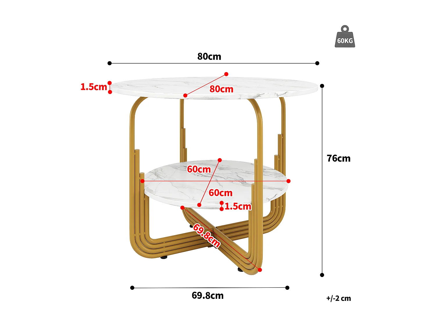 Table à Manger Ronde, MDF avec Plateau Effet Marbre, Base Métallique Dorée, Pour 4 Personnes, Couleur Or (80x80x76 cm)